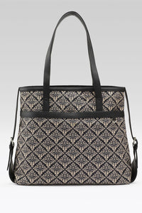 Black Damask Canvas Tote with Pouch & Faux Leather Trim