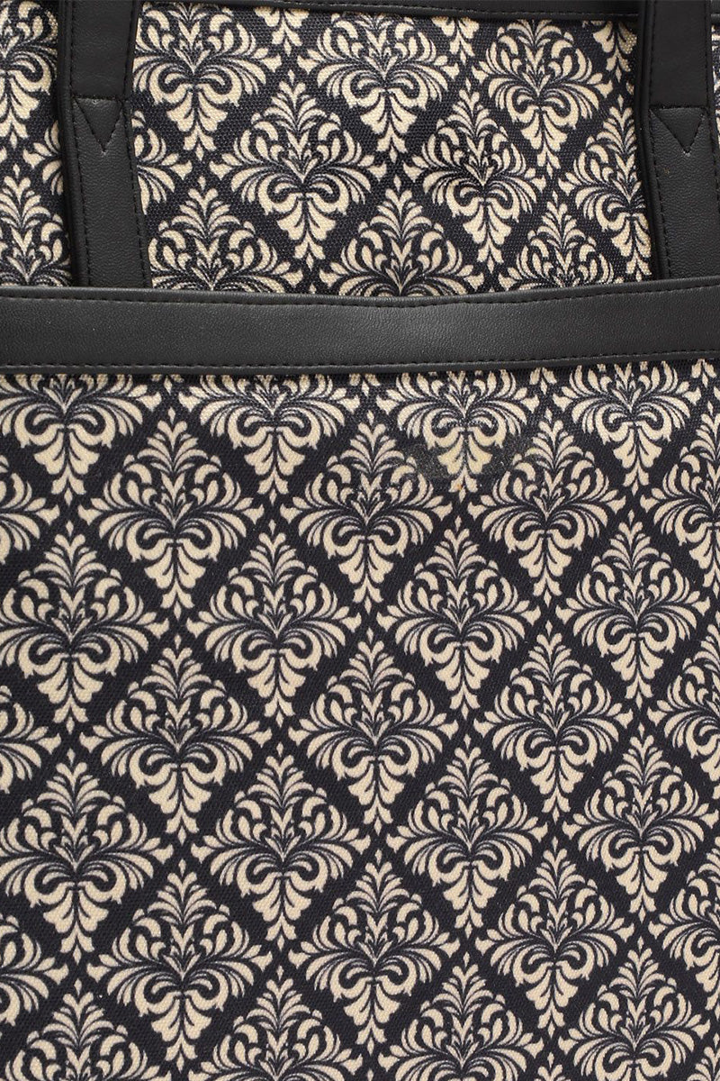 Black Damask Canvas Tote with Pouch & Faux Leather Trim