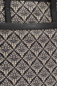 Black Damask Canvas Tote with Pouch & Faux Leather Trim