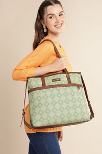 Sage Geometric Canvas Tote with Pouch & Faux Leather Trim