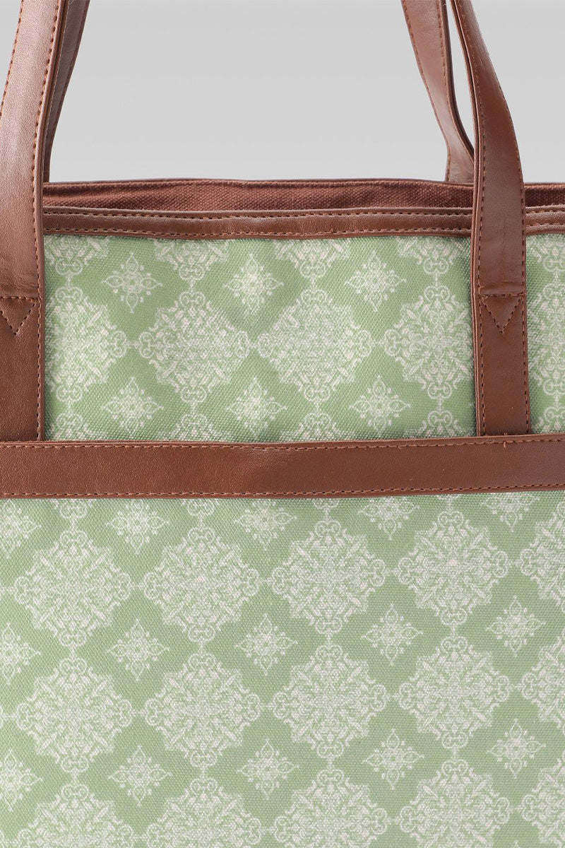 Sage Geometric Canvas Tote with Pouch & Faux Leather Trim