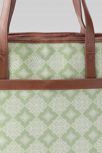 Sage Geometric Canvas Tote with Pouch & Faux Leather Trim