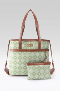 Sage Geometric Canvas Tote with Pouch & Faux Leather Trim