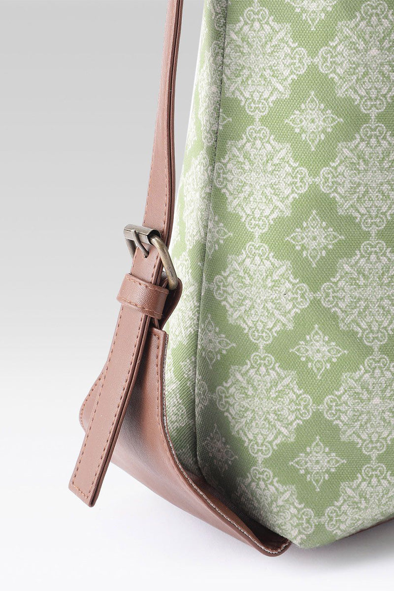 Sage Geometric Canvas Tote with Pouch & Faux Leather Trim