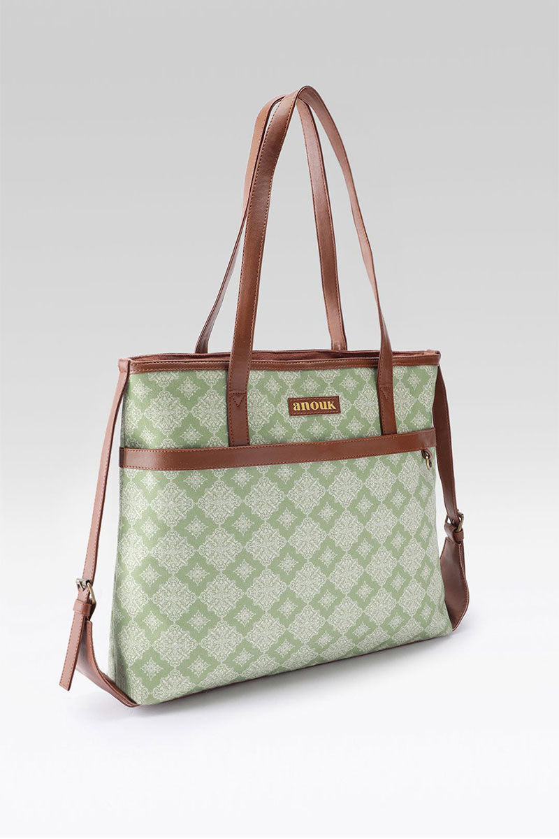 Sage Geometric Canvas Tote with Pouch & Faux Leather Trim