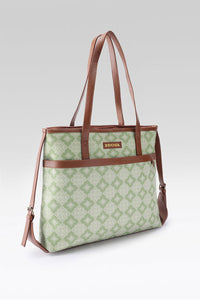 Sage Geometric Canvas Tote with Pouch & Faux Leather Trim