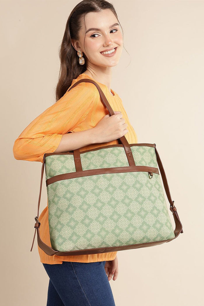 Sage Geometric Canvas Tote with Pouch & Faux Leather Trim
