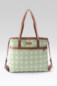 Sage Geometric Canvas Tote with Pouch & Faux Leather Trim