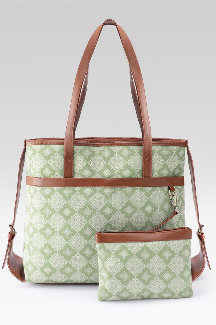 Sage Geometric Canvas Tote with Pouch & Faux Leather Trim