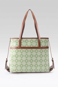 Sage Geometric Canvas Tote with Pouch & Faux Leather Trim