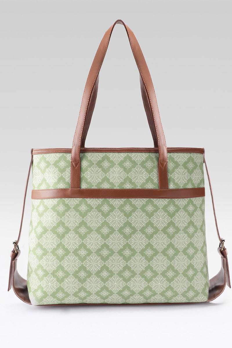 Sage Geometric Canvas Tote with Pouch & Faux Leather Trim