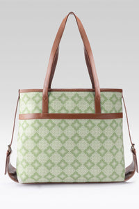 Sage Geometric Canvas Tote with Pouch & Faux Leather Trim