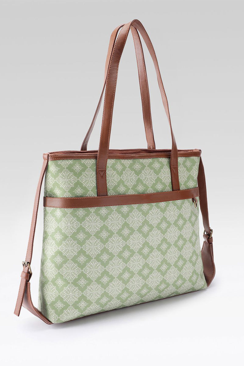 Sage Geometric Canvas Tote with Pouch & Faux Leather Trim