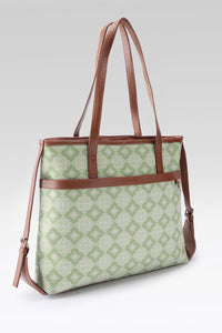 Sage Geometric Canvas Tote with Pouch & Faux Leather Trim