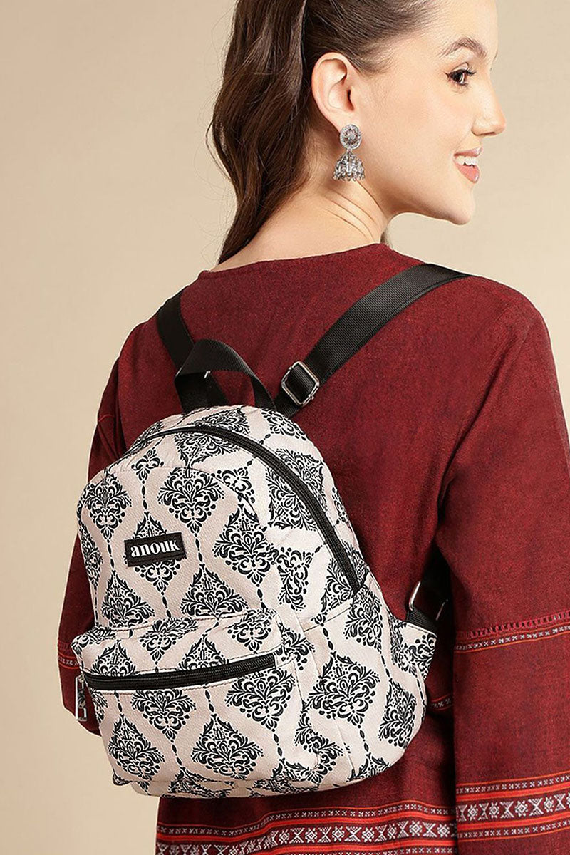 Vintage Damask Mini Backpack with Front Zipper Pocket