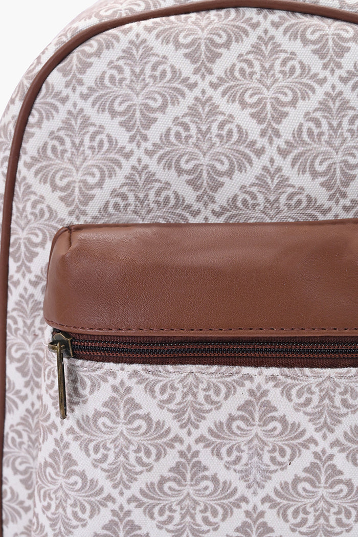 Classic Damask Mini Backpack with Faux Leather Front Pocket