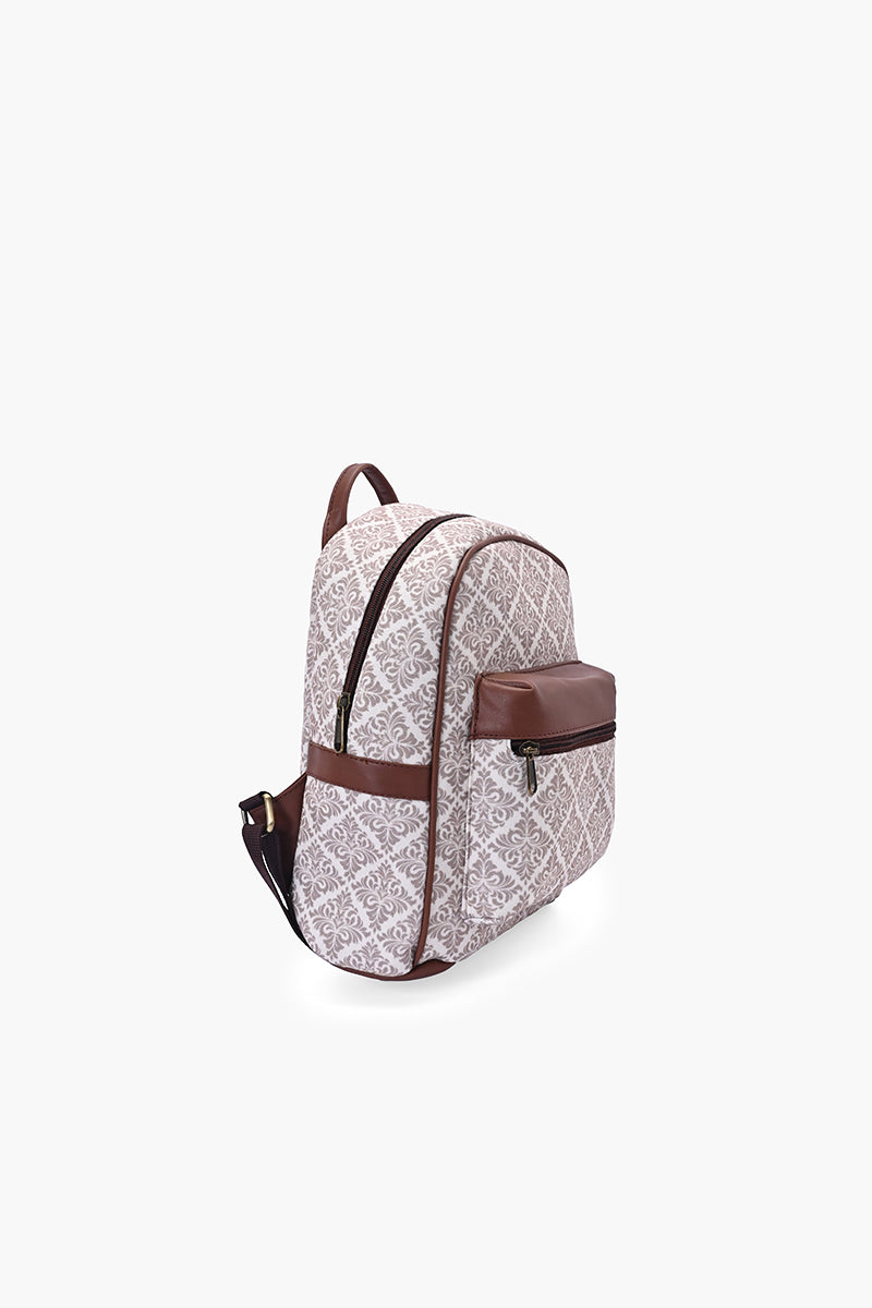 Classic Damask Mini Backpack with Faux Leather Front Pocket