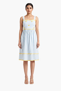 Blue Stripe Cotton Midi Dress with Crochet Floral Detail – Pack of 6
