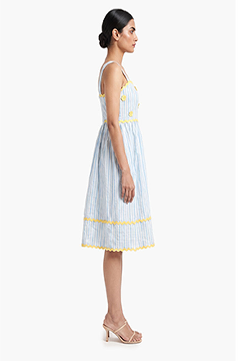 Blue Stripe Cotton Midi Dress with Crochet Floral Detail – Pack of 6