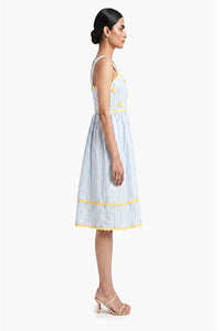 Blue Stripe Cotton Midi Dress with Crochet Floral Detail – Pack of 6