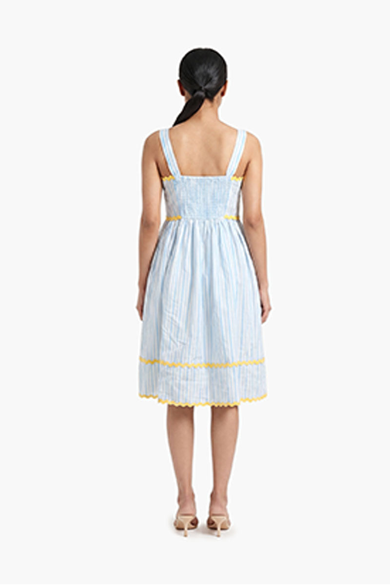 Blue Stripe Cotton Midi Dress with Crochet Floral Detail – Pack of 6