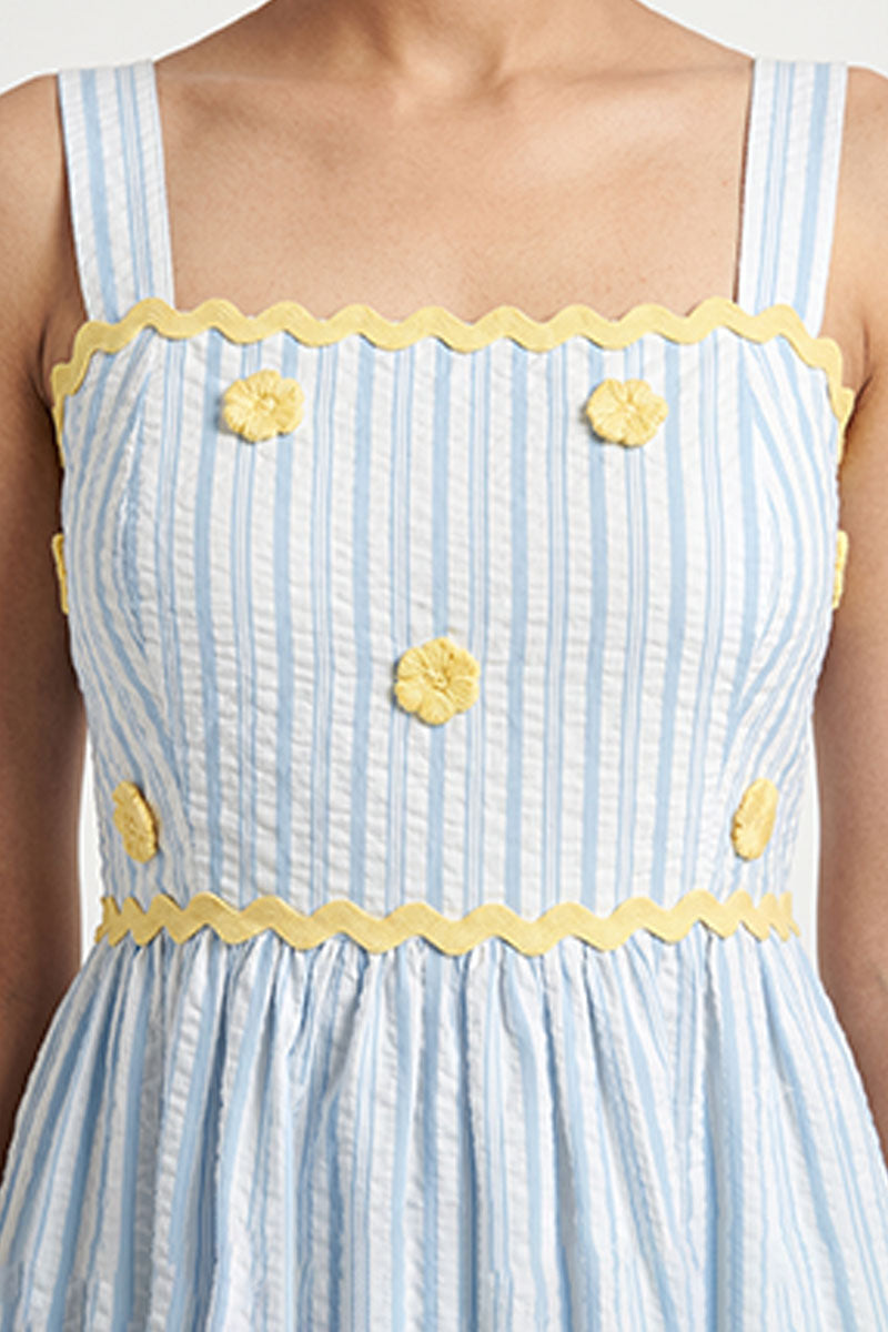 Blue Stripe Cotton Midi Dress with Crochet Floral Detail – Pack of 6