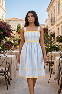 Blue Stripe Cotton Midi Dress with Crochet Floral Detail – Pack of 6