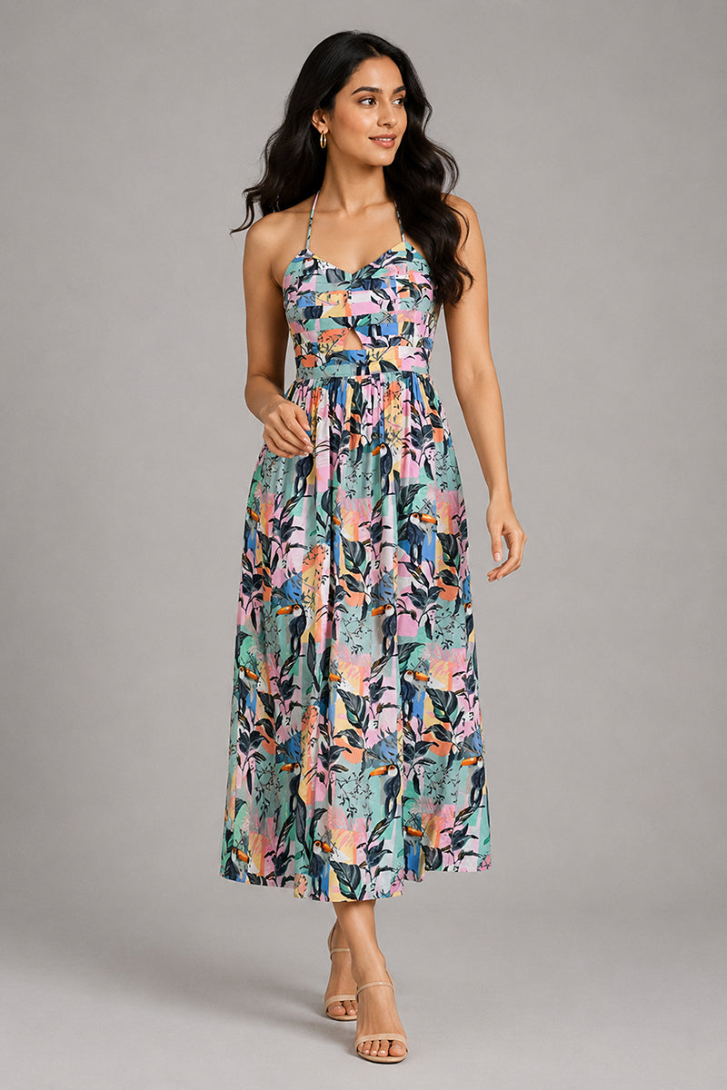 Tropical Bird Print Halter Midi Dress – Pack of 6
