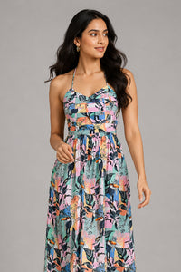 Tropical Bird Print Halter Midi Dress – Pack of 6
