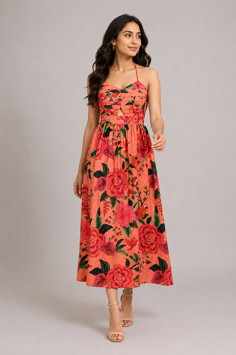 Coral Floral Halter Midi Dress – Pack of 6
