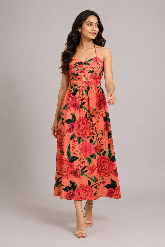 Coral Floral Halter Midi Dress – Pack of 6
