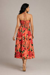 Coral Floral Halter Midi Dress – Pack of 6