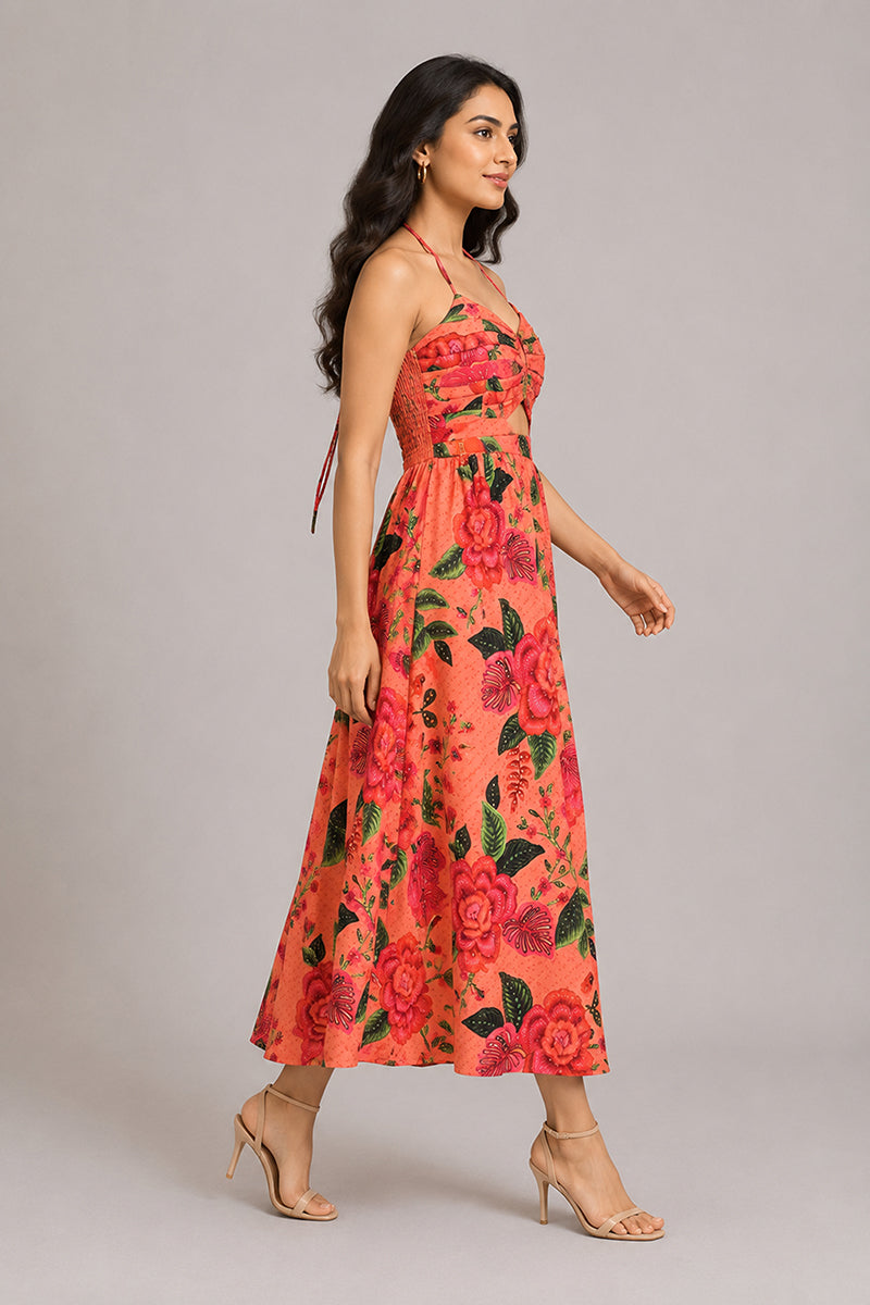 Coral Floral Halter Midi Dress – Pack of 6