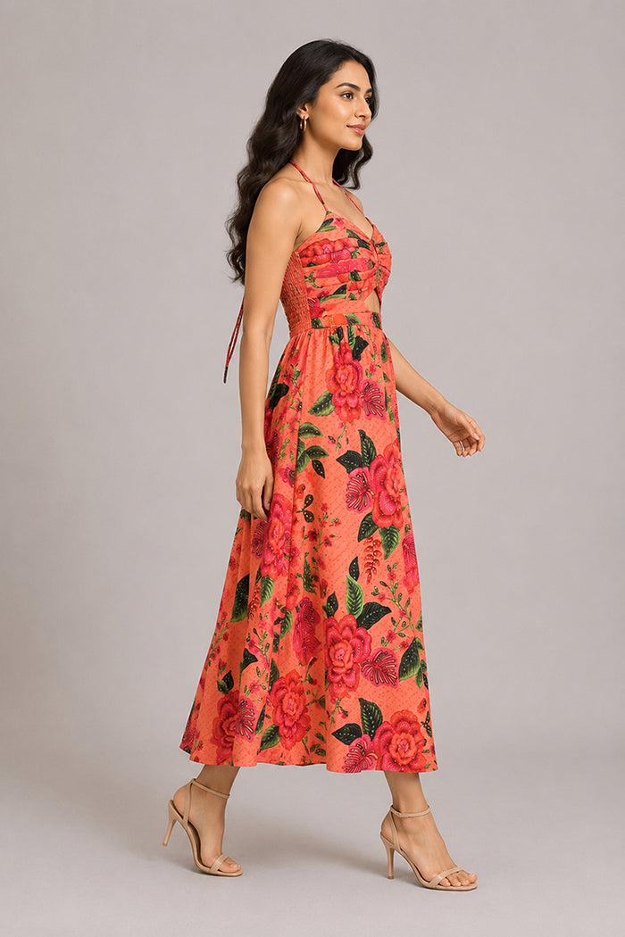 Coral Floral Halter Midi Dress – Pack of 6
