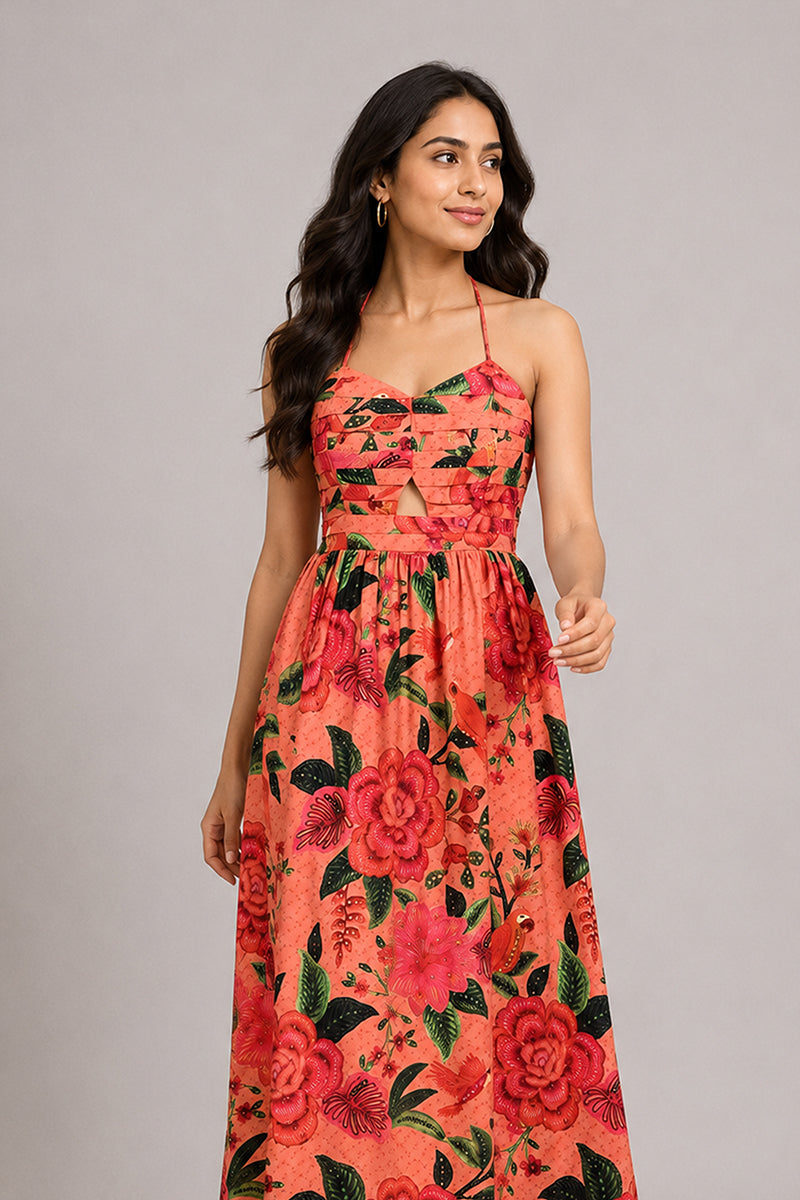 Coral Floral Halter Midi Dress – Pack of 6