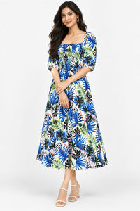 Blue Tropical Square-Neck Smocked Midi Dress – Pack of 6