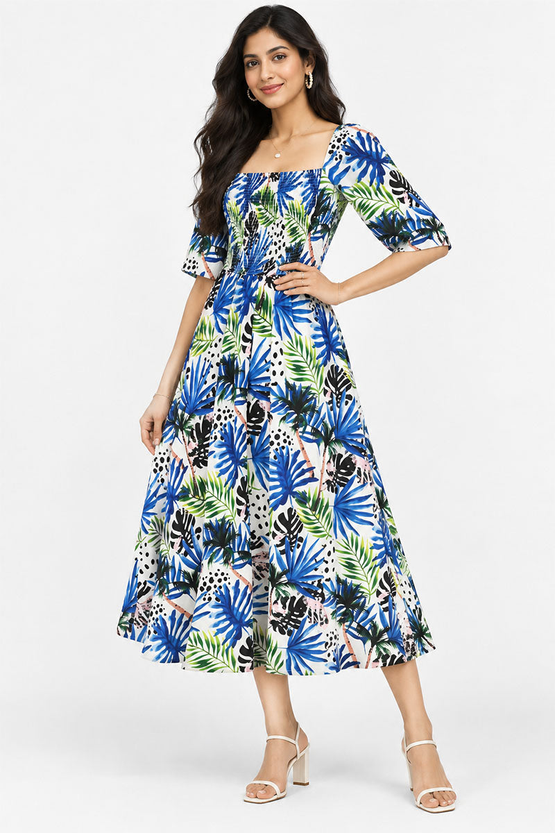 Blue Tropical Square-Neck Smocked Midi Dress – Pack of 6