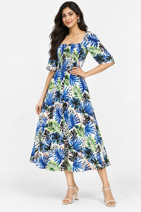 Blue Tropical Square-Neck Smocked Midi Dress – Pack of 6
