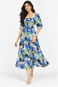 Blue Tropical Square-Neck Smocked Midi Dress – Pack of 6