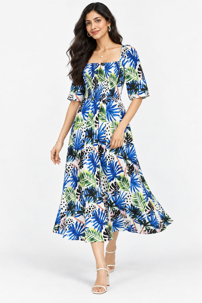 Blue Tropical Square-Neck Smocked Midi Dress – Pack of 6