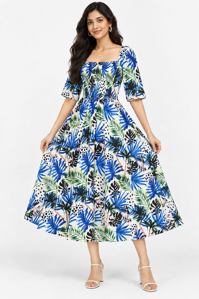 Blue Tropical Square-Neck Smocked Midi Dress – Pack of 6