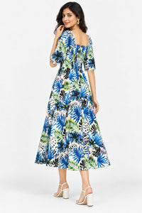 Blue Tropical Square-Neck Smocked Midi Dress – Pack of 6