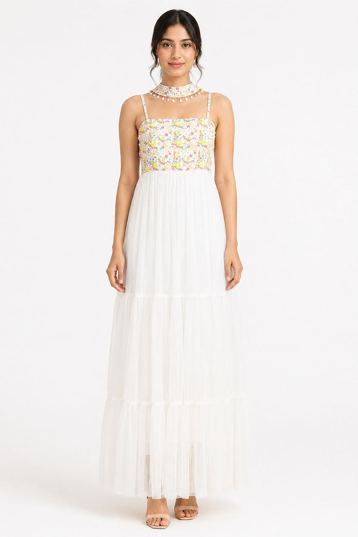 White Tiered Maxi Dress with Embellished Floral Bodice – Pack of 6