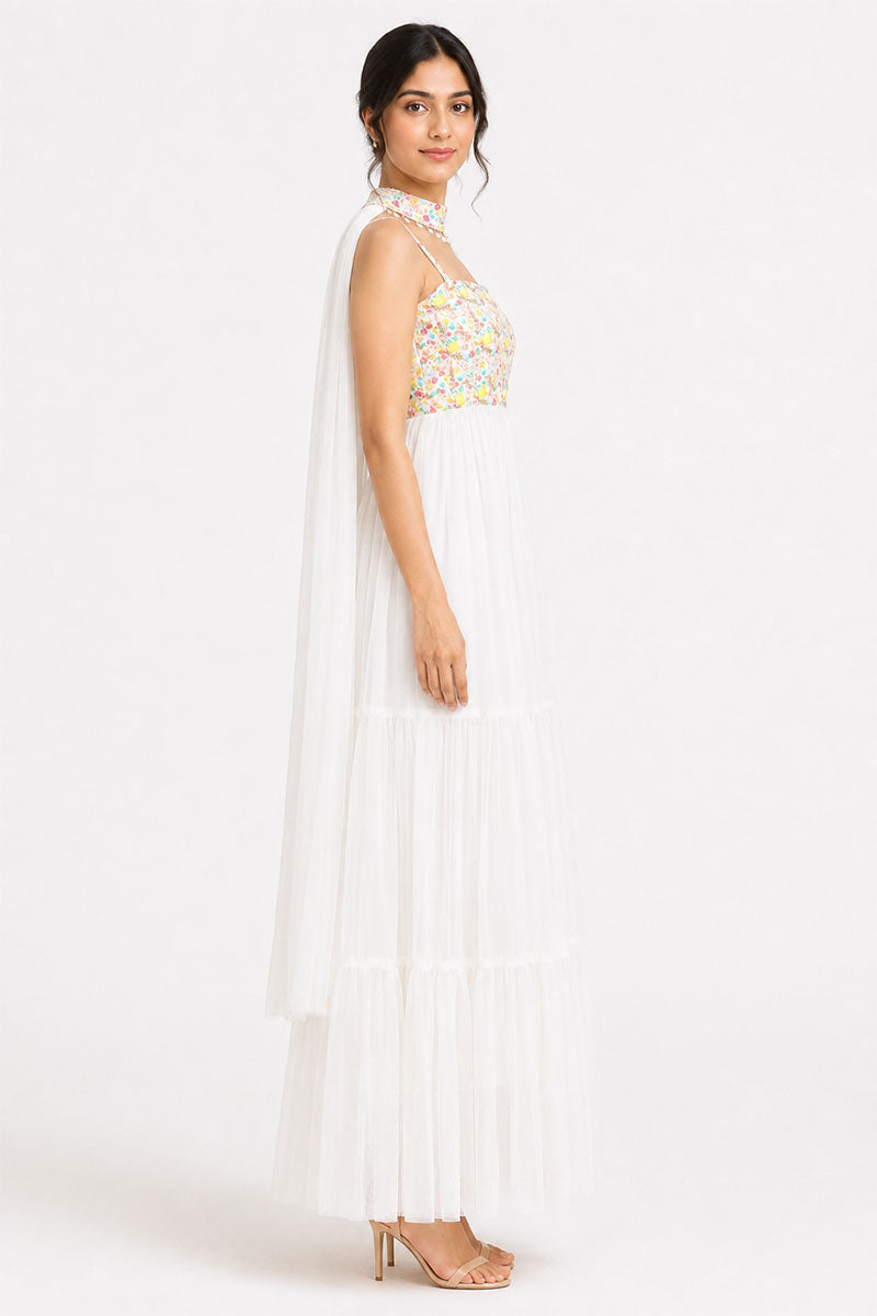 White Tiered Maxi Dress with Embellished Floral Bodice – Pack of 6