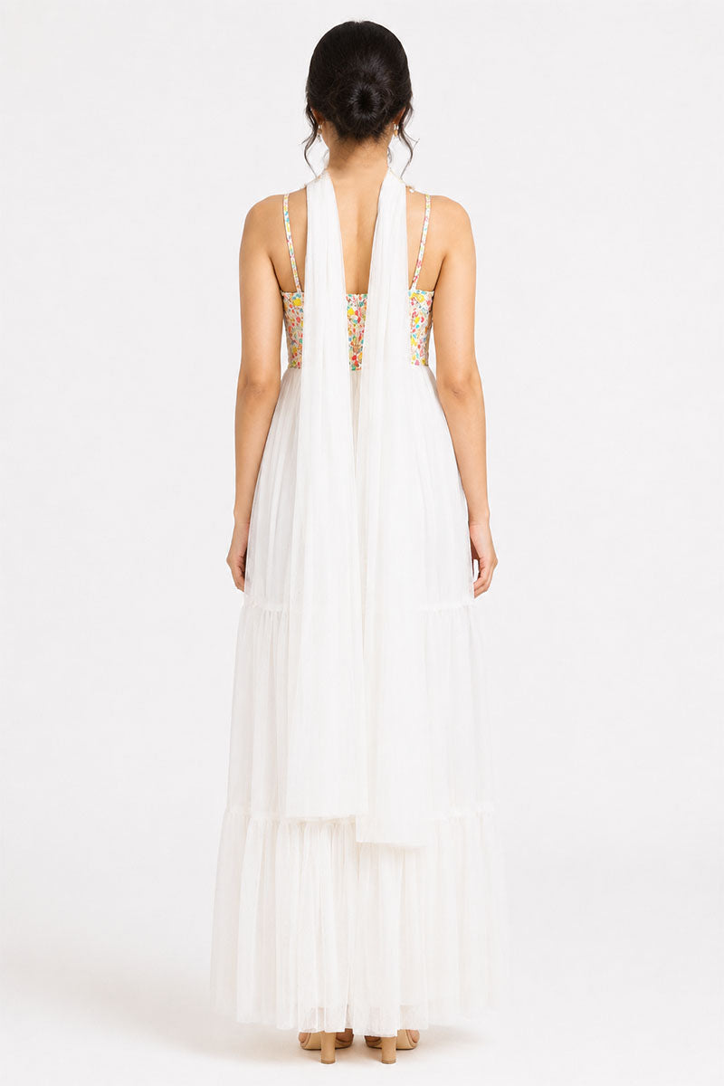White Tiered Maxi Dress with Embellished Floral Bodice – Pack of 6