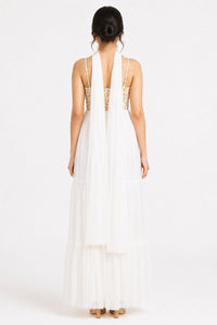 White Tiered Maxi Dress with Embellished Floral Bodice – Pack of 6