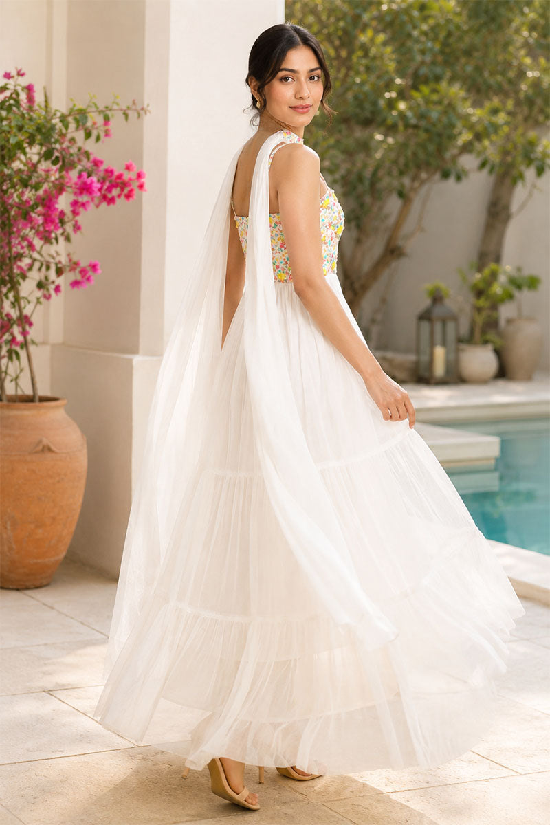 White Tiered Maxi Dress with Embellished Floral Bodice – Pack of 6