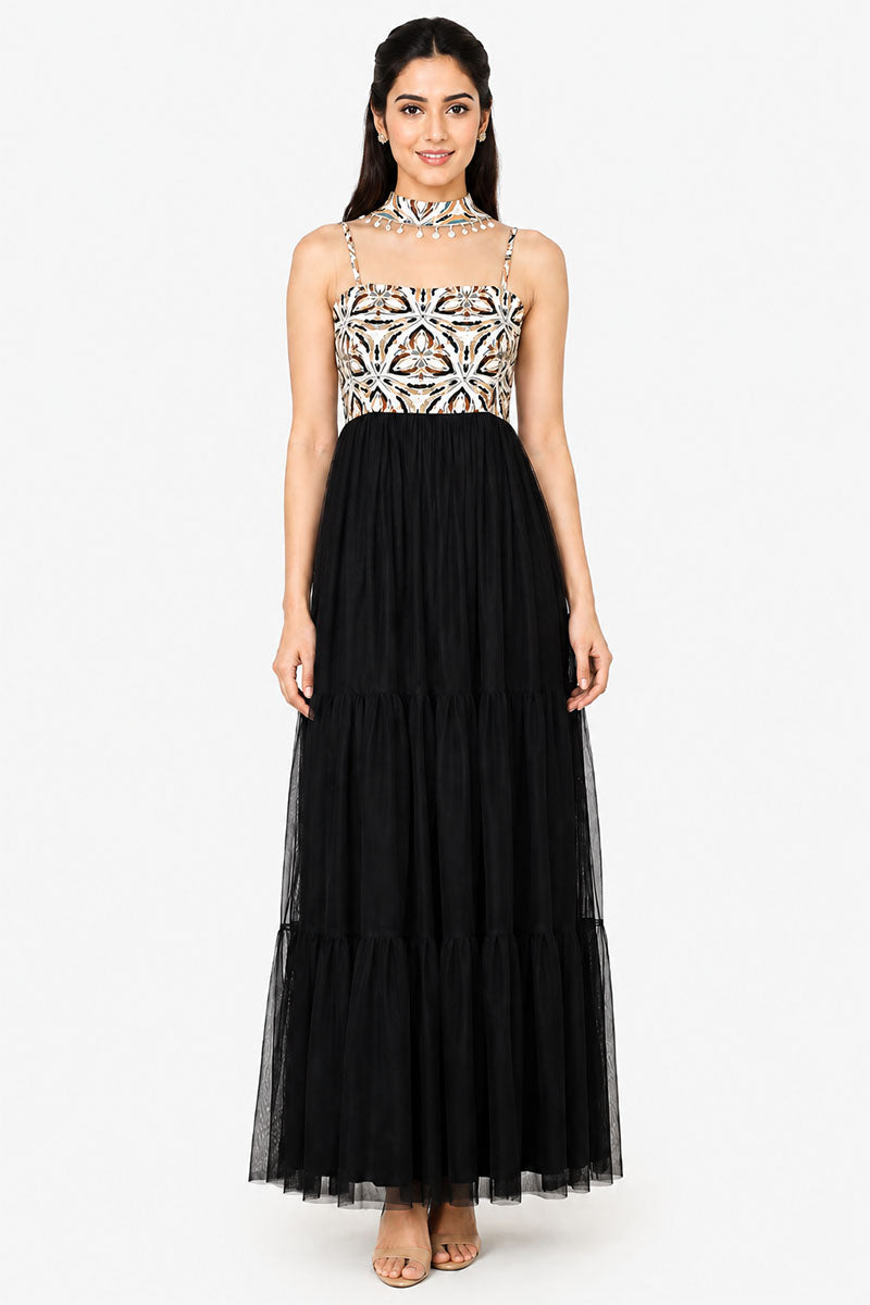 Black Tiered Maxi Dress with Embellished Printed Bodice – Pack of 6