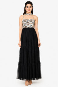 Black Tiered Maxi Dress with Embellished Printed Bodice – Pack of 6