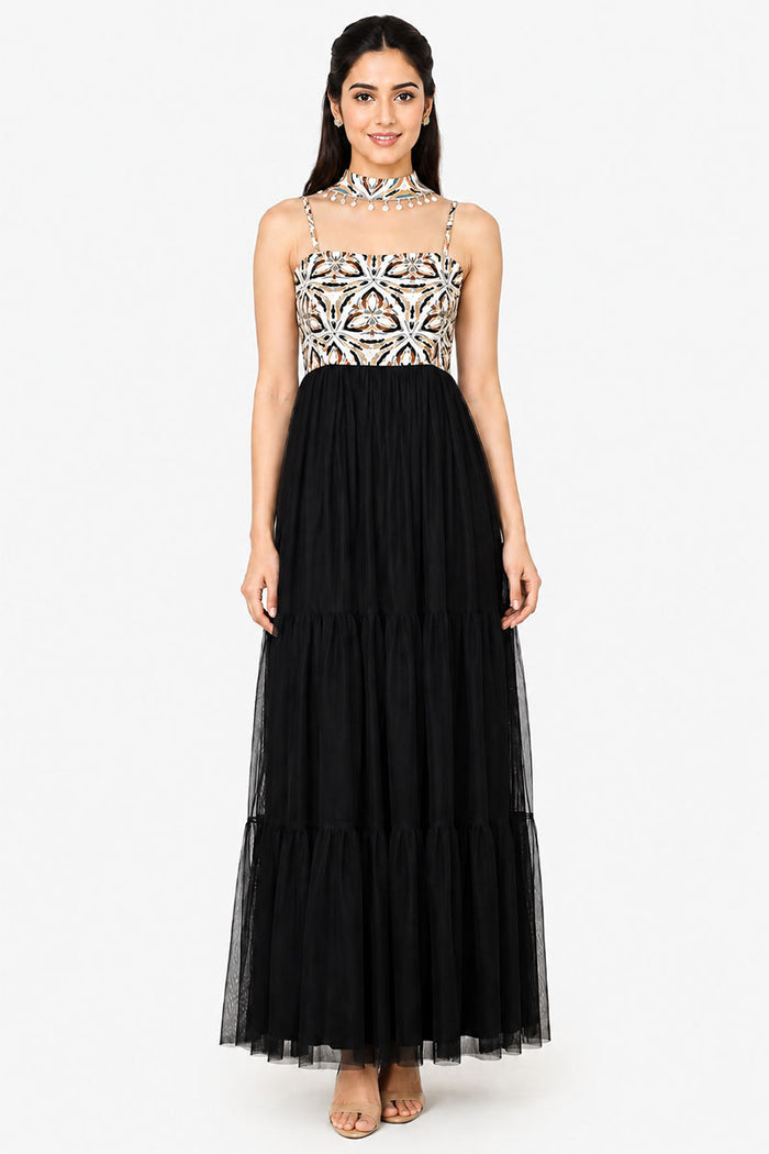 Black Tiered Maxi Dress with Embellished Printed Bodice – Pack of 6
